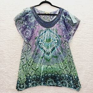 T-Shirt Blue Purple Bead Paisley Boho Wearable Art Whimsy OOAK Mob Wife Size 2X